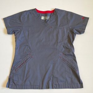 BIO Bring it on gray shirt sleeve scrub top. V-neck with red detailing. Small